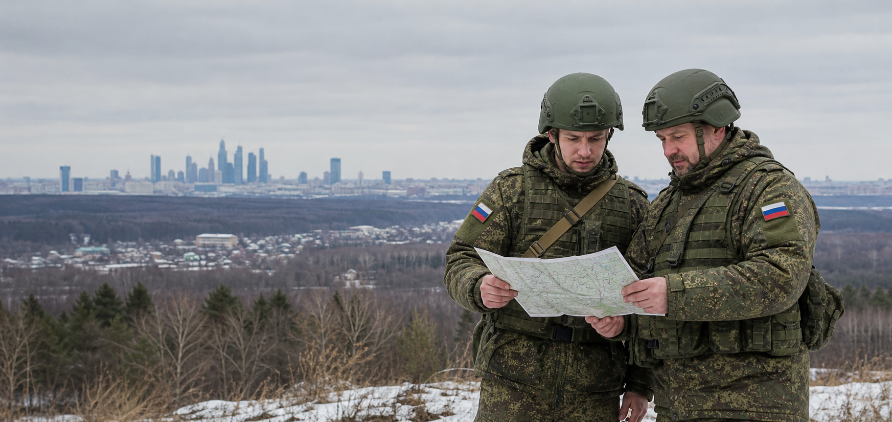 Двое военнослужащих изучают карту на фоне Москвы